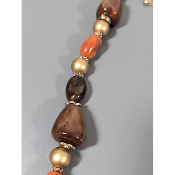 Brown Tigers Eye STone Bead Chunky Statement Necklace Gold Tone Matte 22" - Picture 7 of 8